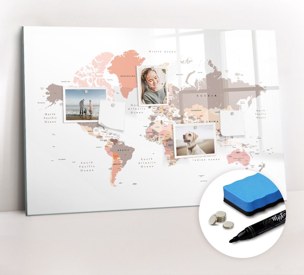 Magnetpinnwand Memoboard - Zubehörsatz - Schwarzer Marker + Schwamm + Magnete - 90 x 60 cm - Weltkarte