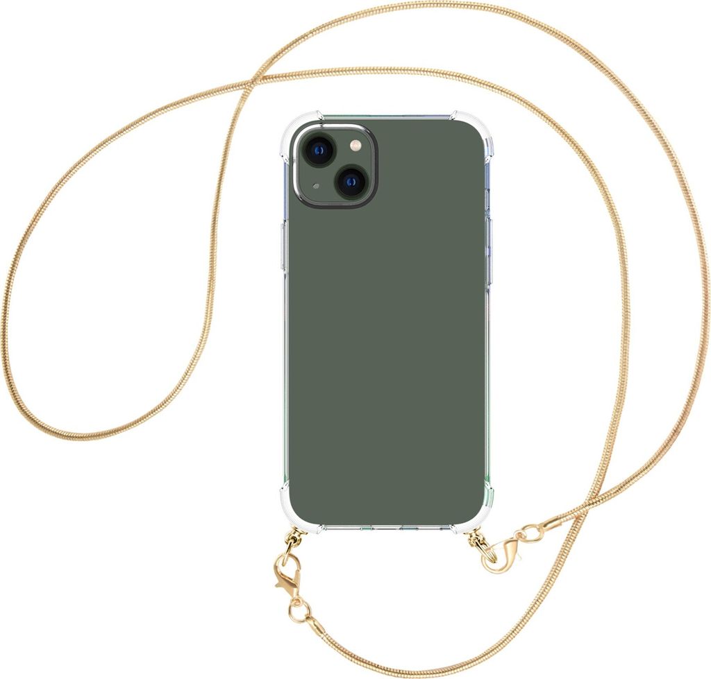 Handykette Backcover-Schutzhülle mit Band (Metall goldfarben) für Apple iPhone 15 Plus - goldfarbene Snake-Kette