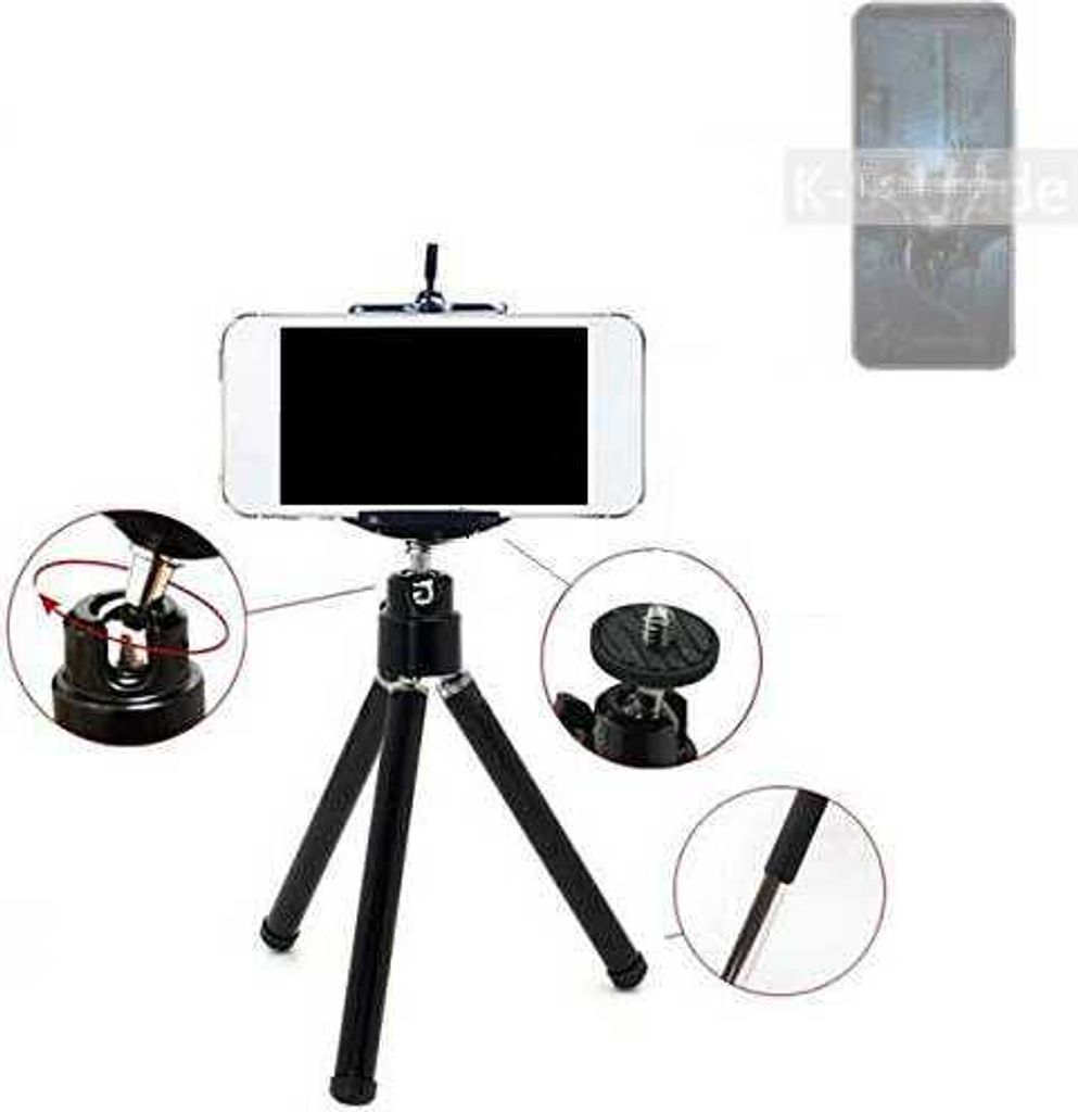 K-S-Trade Smartphone Stativ Dreibein kompatibel mit Asus ROG Phone 6 Batman Edition Snapdragon Tripod aus Aluminium Klemmstativ Stativ Adapter für