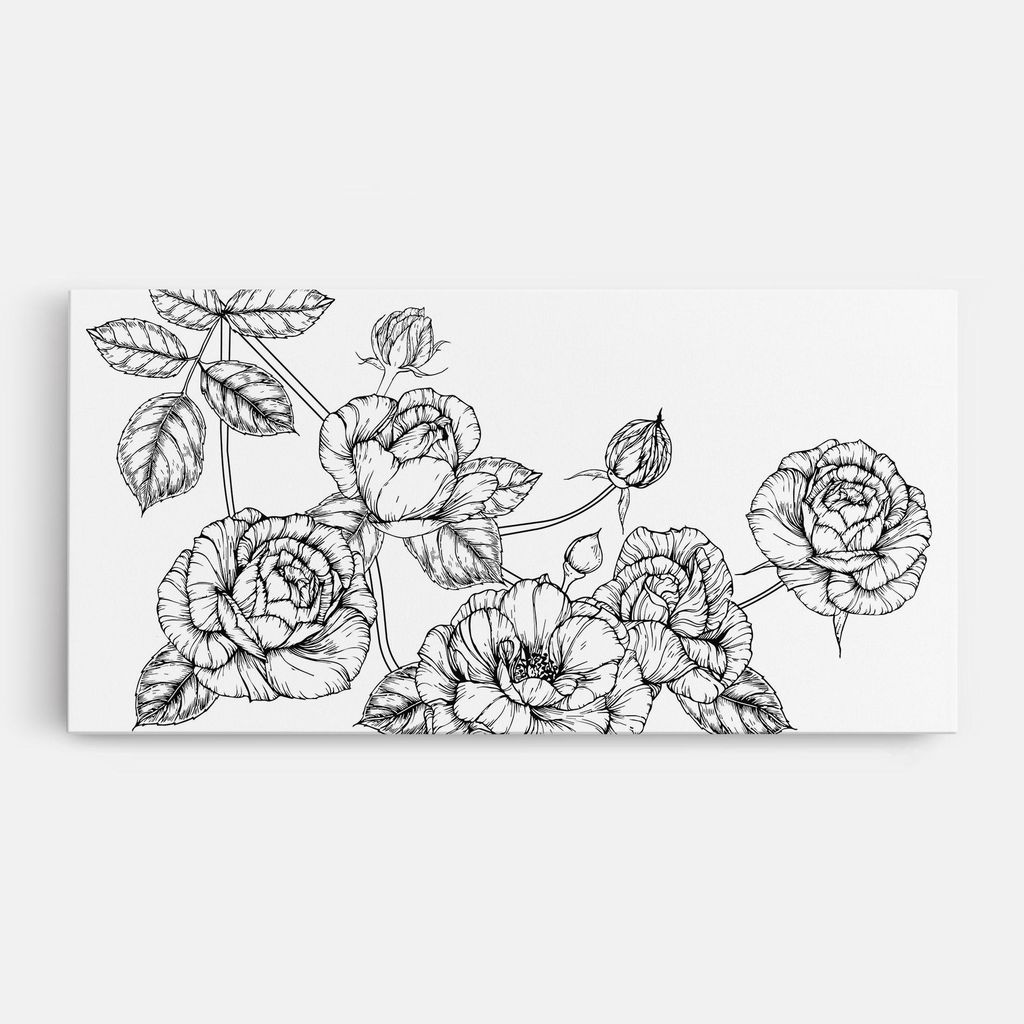 ARTHUB Leinwandbild 60x120 cm, Big Roses Line | Wohnzimmerdekoration, Hängende Bilder, Wanddekoration, Heimdekoration, Blumen, Gezeichnete Blumen