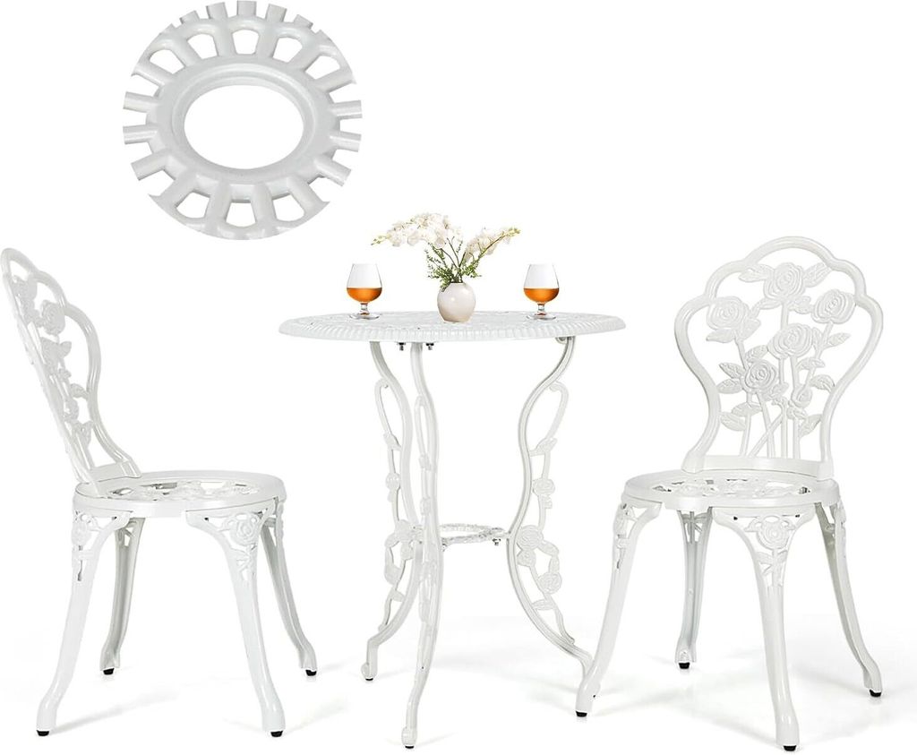 KOMFOTTEU 3 teiliges Gartenmöbel set, Gartentisch mit 2 Gartenstühle, wetterfestes Bistroset aus Aluminium, Sitzgarnitur mit Rosenmuster für Bal...