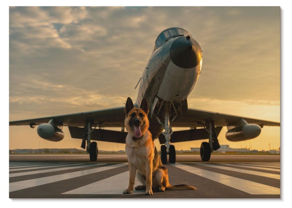 POSTER - 42x29 cm (A3) - Warum? - Hund und Flugzeug im Sonnenuntergang – ein einzigartiger Anblick - Wandbild für Wohnzimmer Schlafzimmer & Flur...