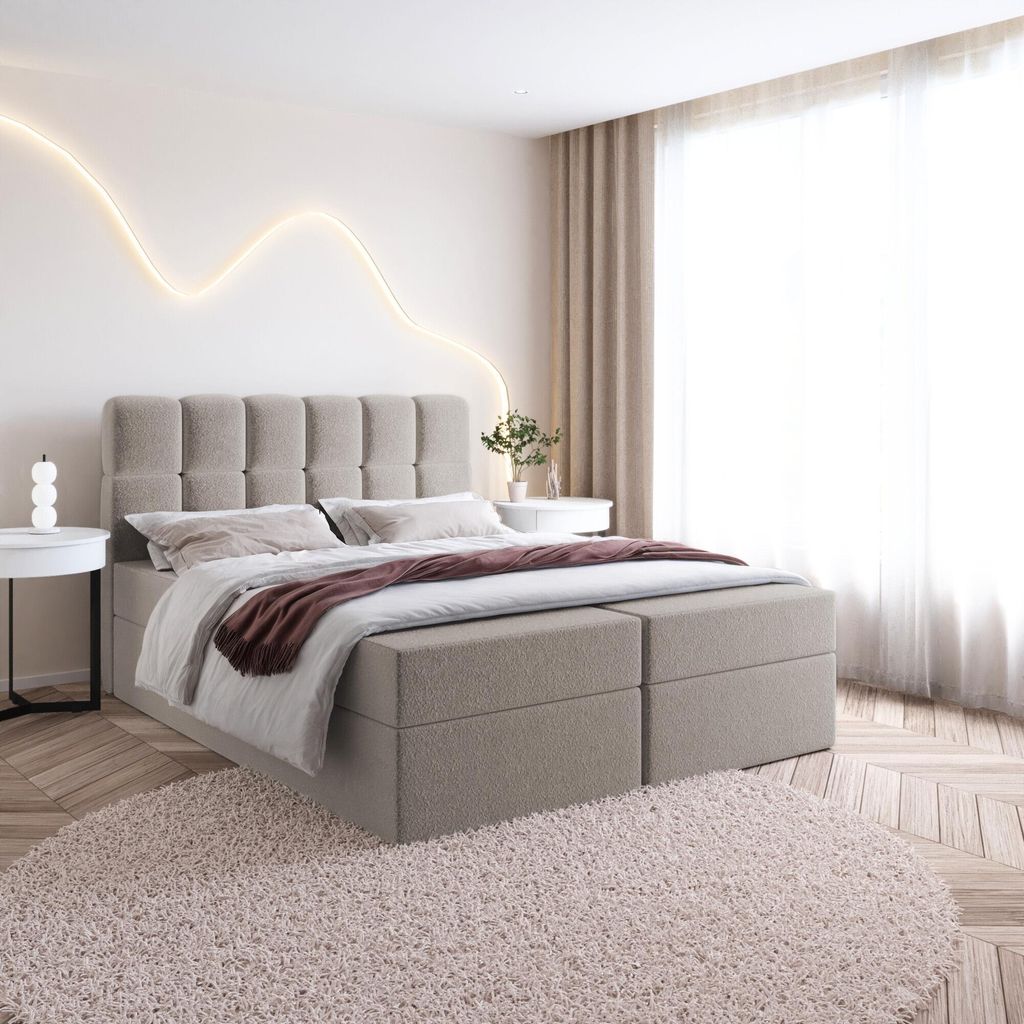 Bett Boxspringbett SALA 2 ohne Topper mit Bettkästen - Doppelbett, Stauraum, Schlafzimmer, Polsterbett, Bettgestell (120x200, Hellbraun - Fredo 05)