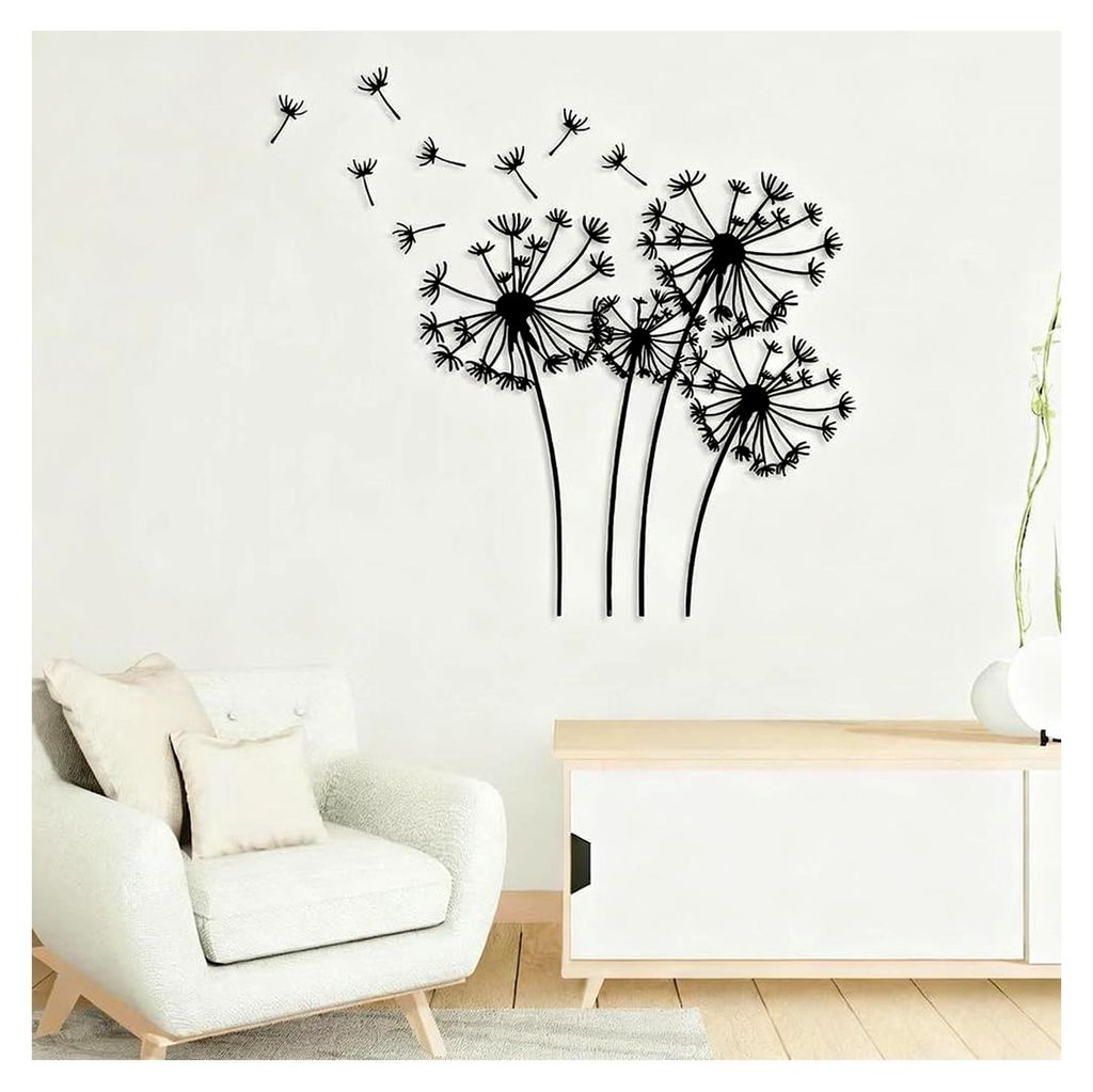 Metall Wandkunst Pusteblumen Wanddeko, Handgefertigte Wandskulpturen für Wohnzimmer, Büro und Außendekoration, Schwarz