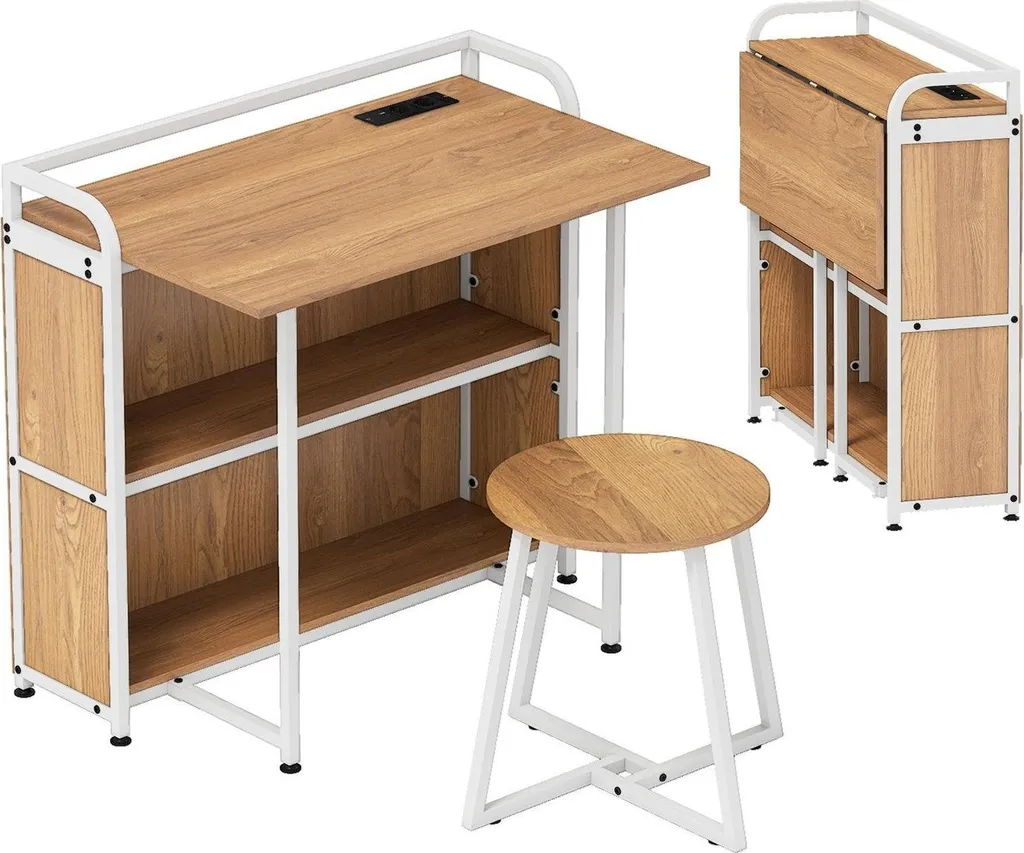 Bureau pliable avec prise intégrée et tabouret, 90x55x83 cm - Modèle LORA