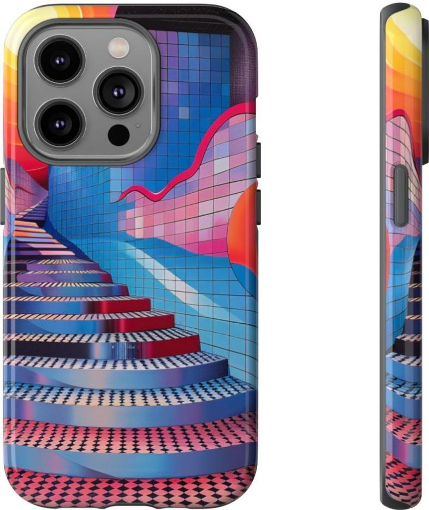 Bunte geometrische Treppe mit Sonnenmotiv – Hülle Kompatibel mit iPhone 14 Pro