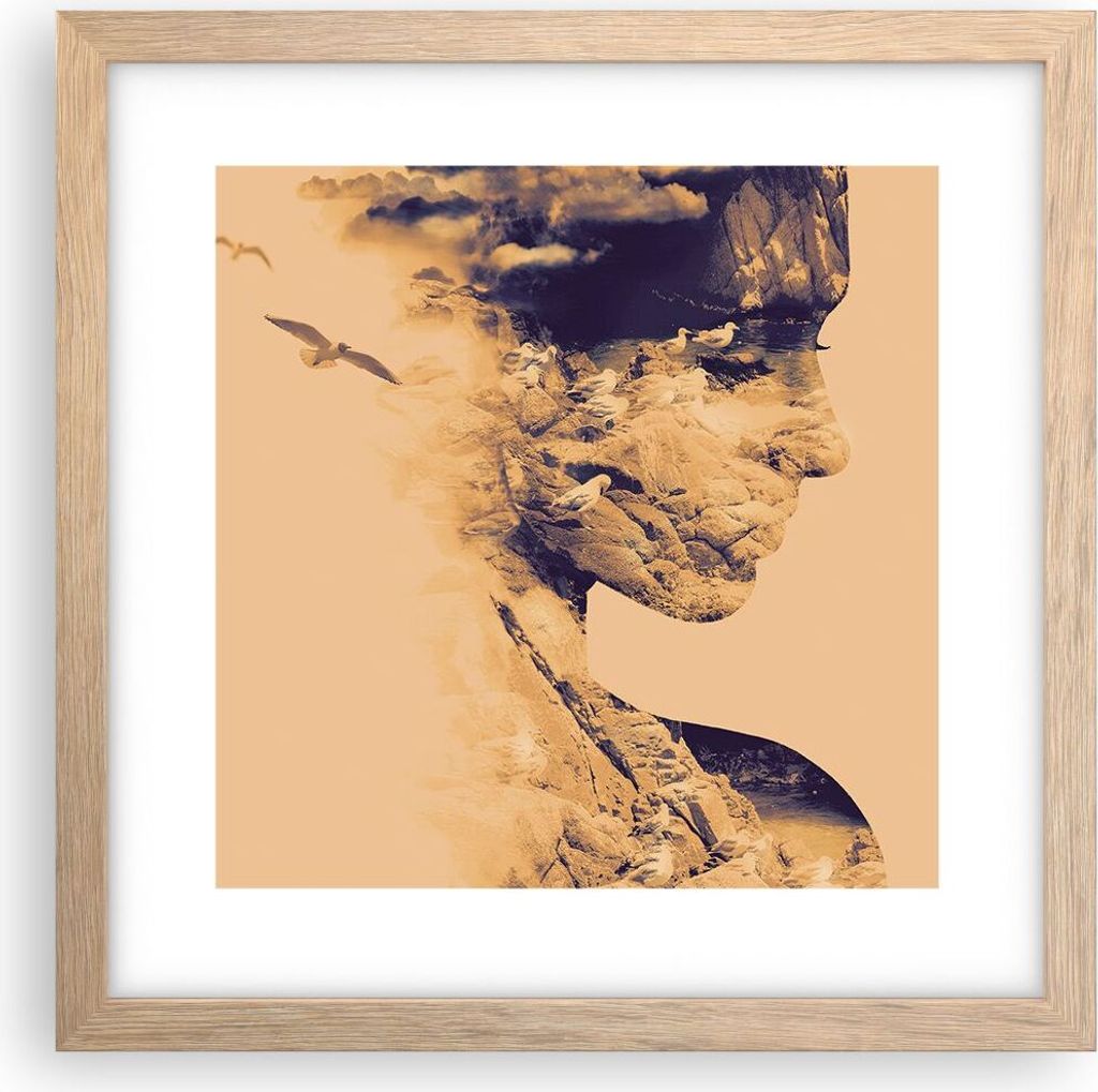 Gerahmtes Poster - Rahmen in heller Eiche - Frau Vögel Fotomontage - 30x30 cm - Wand Bild - Wanddeko - Wandbilder - Wandposter - Bilderrahmen - Bi...