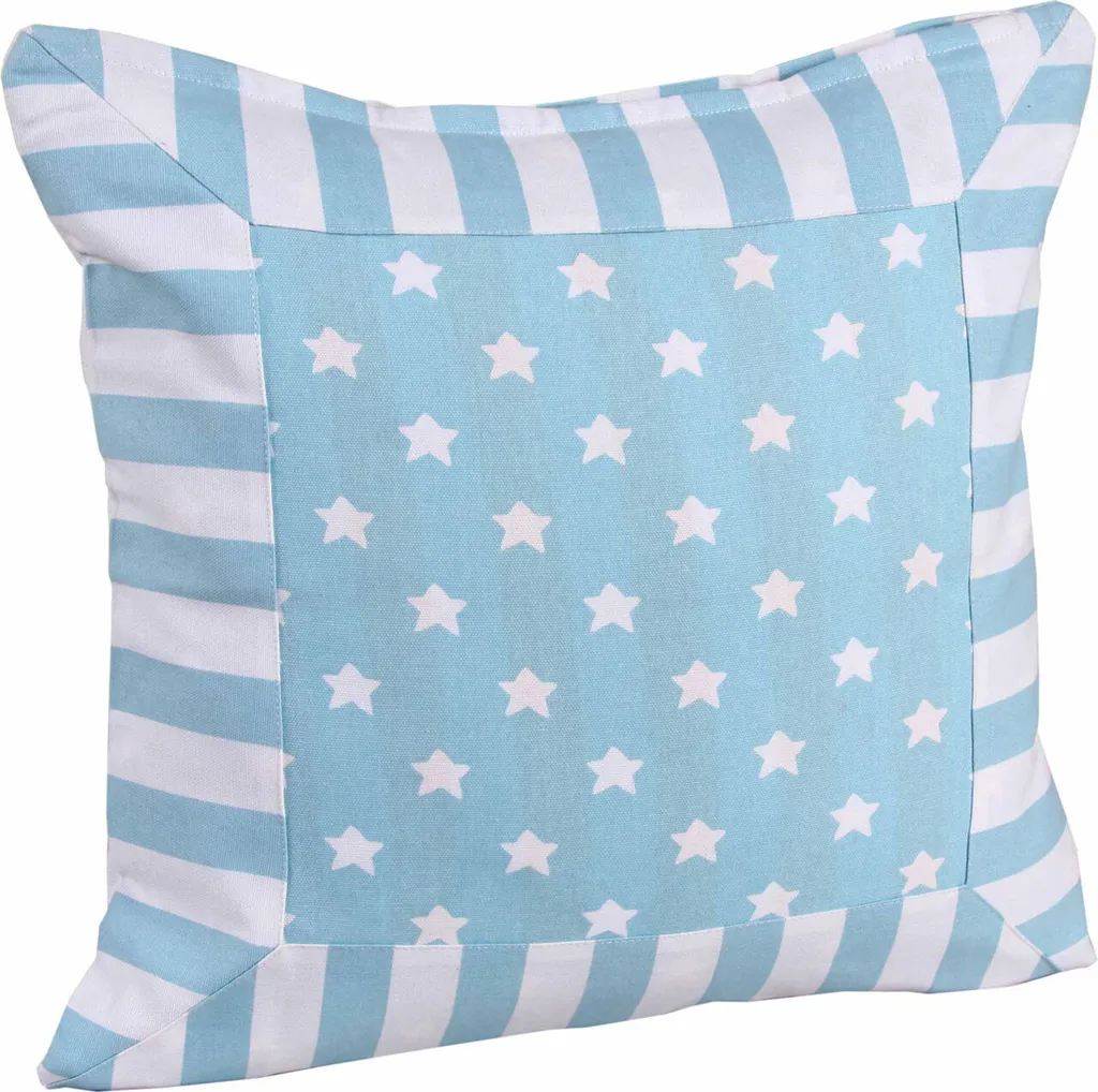 Taie d'oreiller 60x60 en coton bleu, bordures rayées et décor étoiles