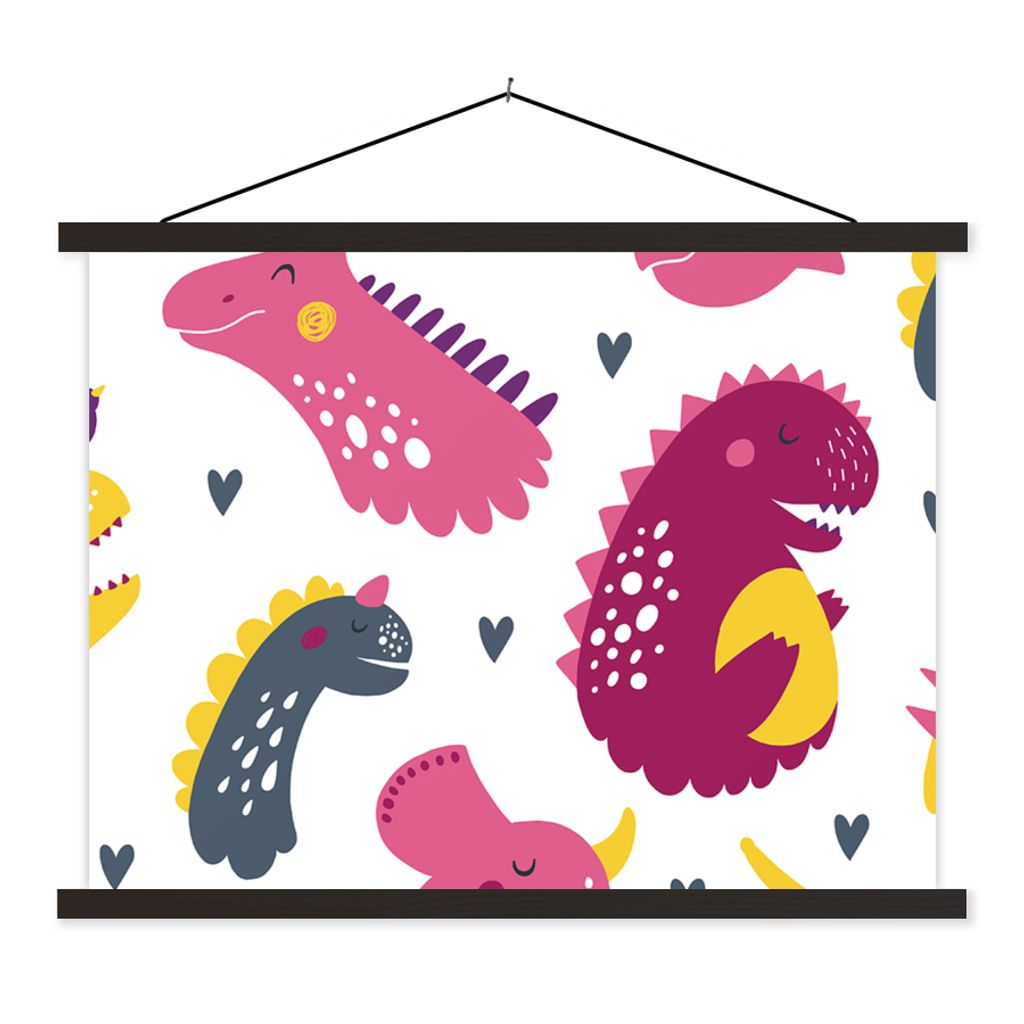 MuchoWow Textilposter Dino - Muster - Kind - Rosa - Mädchen 40x30 cm mit schwarzem Rahmen - Dekorationen