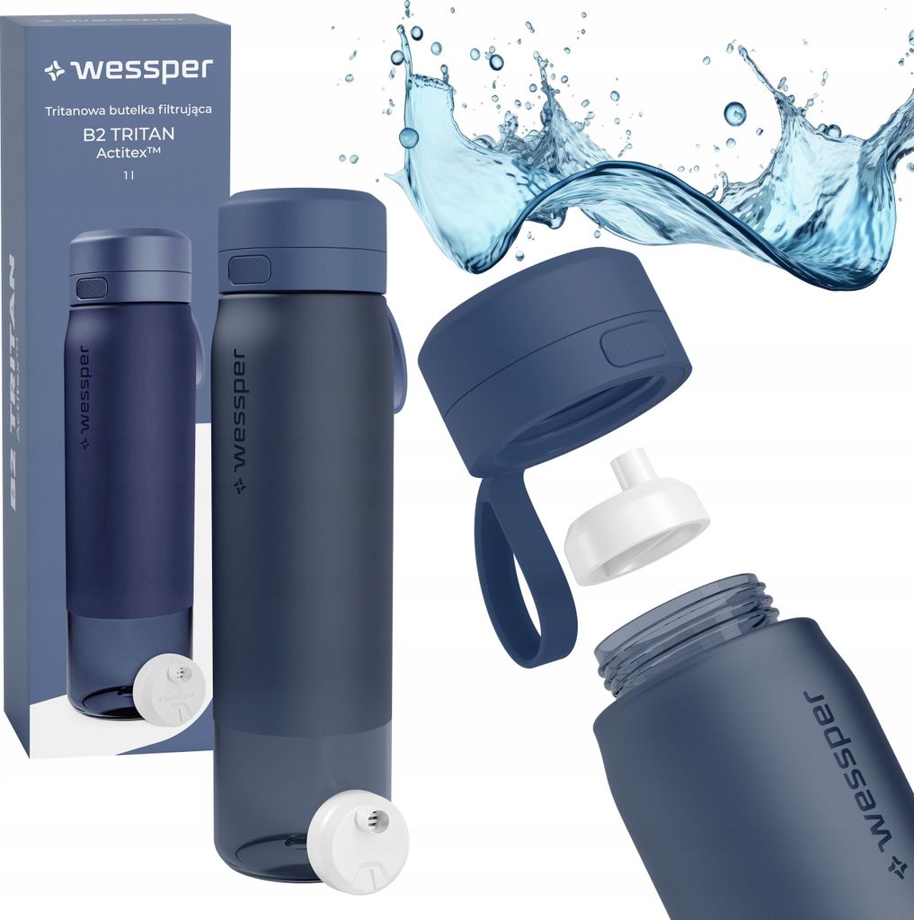 Wessper Wasserflasche 1000ml, Silikonhülse Wasserfilterkappe BPA frei, blau