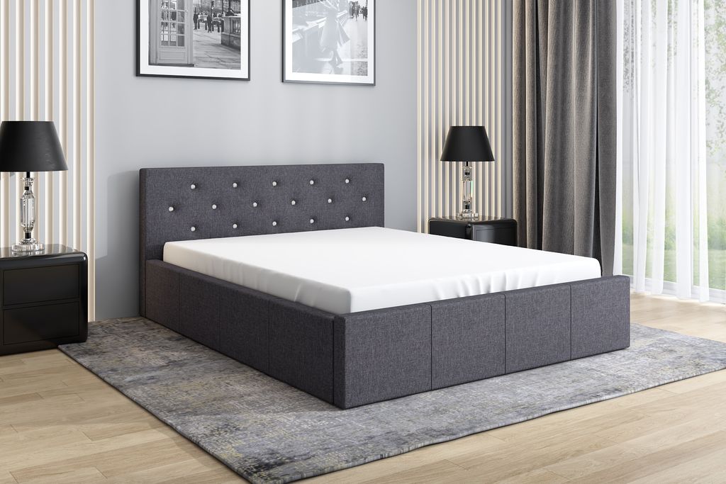 Polsterbett SKIDI 140 x 200 mit Matratze, Bettkasten und Lattenrost. Farbe: Grau