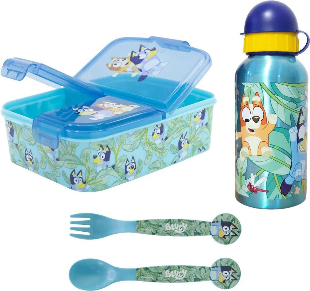 Bluey Bingo Kinder 4 teiliges Set 3 Kammern Brotdose Alu Trinkflasche Besteck