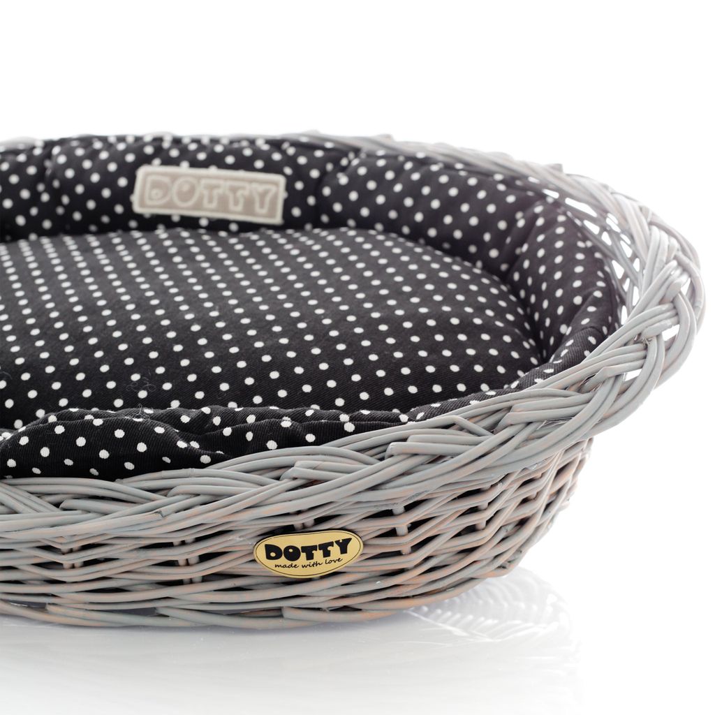Handbemalter grauer Weidenkorb Wikikorb mit Baumwoll-Hundebett – Schwarz mit weißen Punkten Polka Dots – Waschbar & Weich – DOTTY