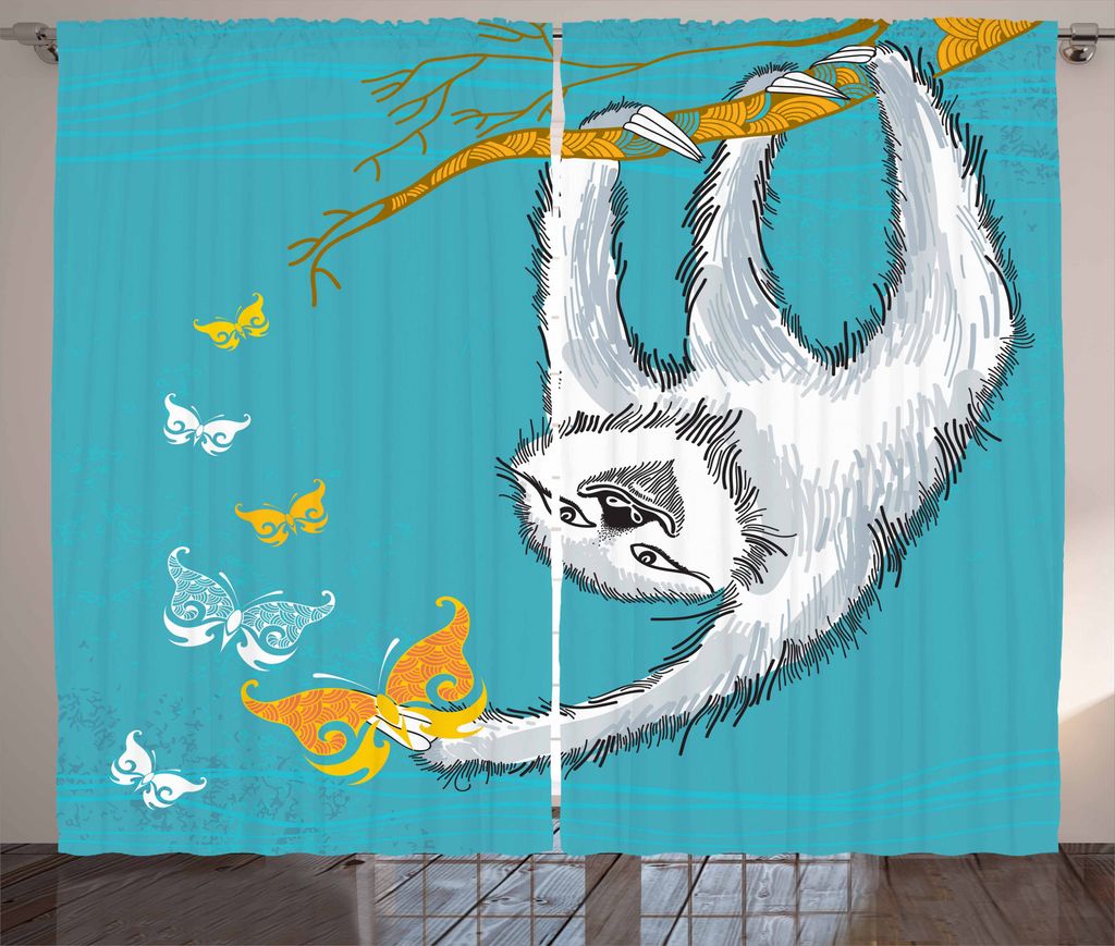 ABAKUHAUS Faultier Rustikaler Gardine, Flüchtiger Sloth Schmetterlinge, Schlafzimmer Kräuselband Vorhang mit Schlaufen und Haken, 280 x 175 cm, T...