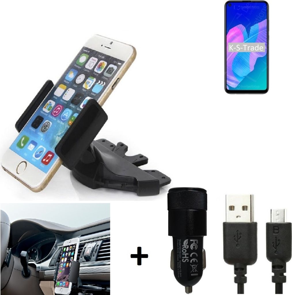 TOP SET K-S-Trade Autohalterung kompatibel mit Huawei Y7p CD Schlitz Halterung KFZ-Halter Radio Handy Halterung 360° drehbar DVD-Schacht inkl. Micro