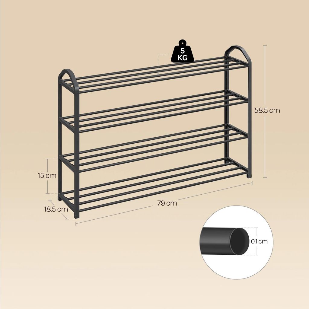 Schuhregal - 4 Ebenen - 79x19,5x58,5 cm - Legierter Stahl - Platzsparend - Freistehend - Schwarz