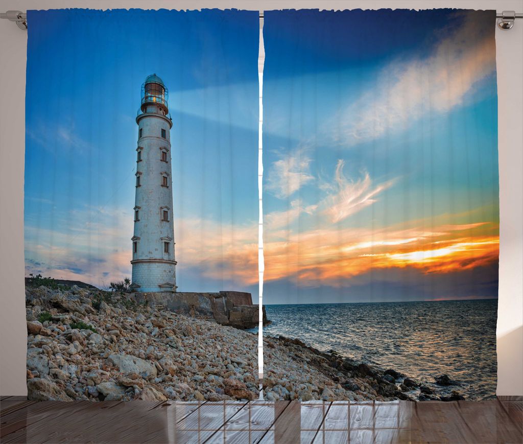 ABAKUHAUS maritim Rustikaler Gardine, Leuchtturm am Sonnenuntergang Meer, Wohnzimmer Universalband Gardinen mit Schlaufen und Haken, 280 x 225 cm, ...