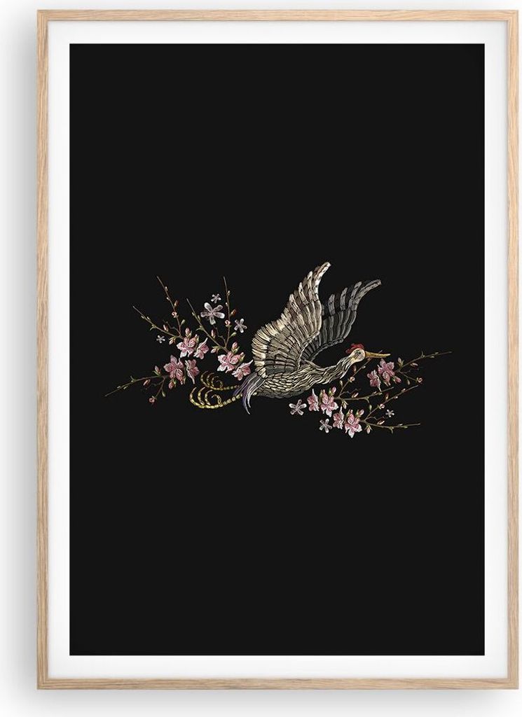 Gerahmtes Poster - Rahmen in heller Eiche - Asiatisch Vogel Blumen - 70x100 cm - Wand Bild - Wanddeko - Wandbilder - Kunstposter - Wandposter - Bil...