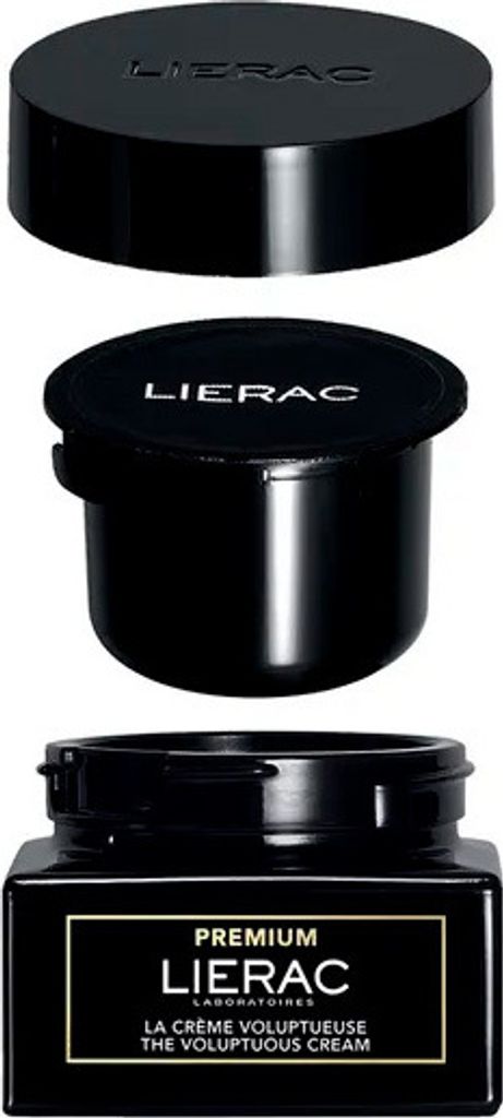 A black jar of Lierac Premium cream with its lid and base shown separately.