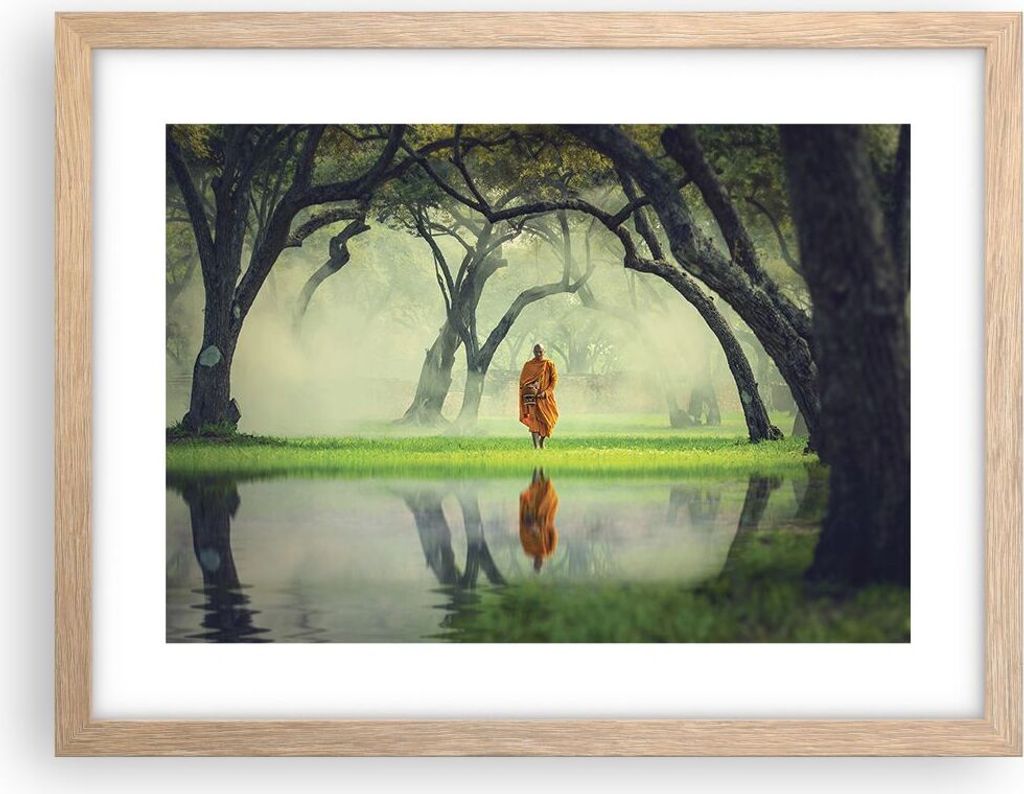 Gerahmtes Poster - Rahmen in heller Eiche - Mönch Wald Nebel - 40x30 cm - Wand Bild - Wanddeko - Wandbilder - Kunstposter - Wandposter - Bilderrah...