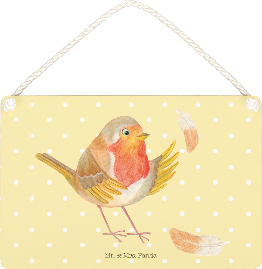 Mr. & Mrs. Panda Schild Rotkehlchen Federn DIN A5 - Gelb Pastell - Geschenk, Holzschild, wandtafel, kleine aufmerksamkeit, Lustige Sprüche, Türsc...