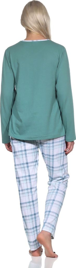 Normann Damen Jersey Pyjama langarm in tollen Farben mit Karo-Muster und V-Hals ; blau , 44