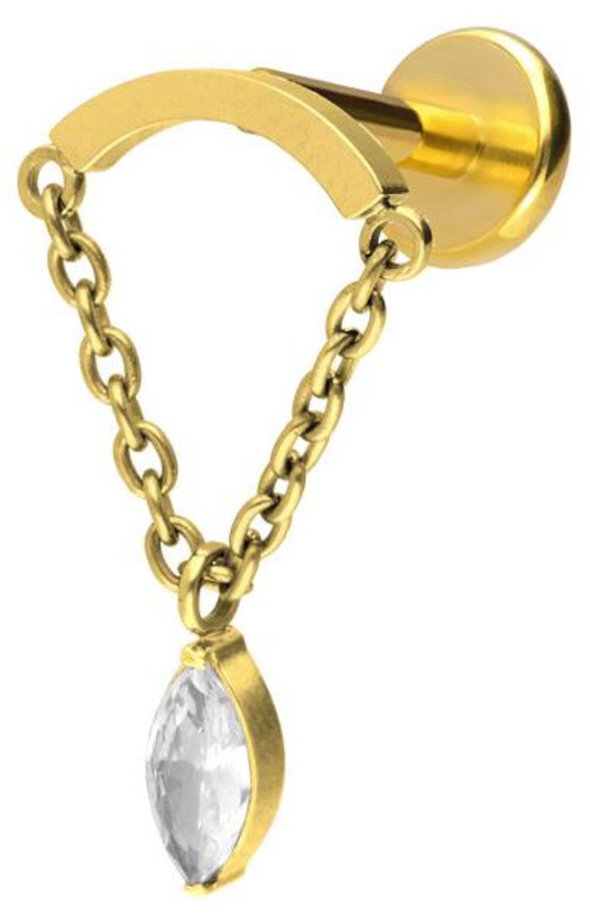 Ohrpiercing, Nasenpiercing Titan Labret mit Push Fit BOGEN + KETTE + KRISTALLTROPFEN Gold Stablänge: 7mm | Stabstärke: 1mm | Discgröße: 11,5 x ...