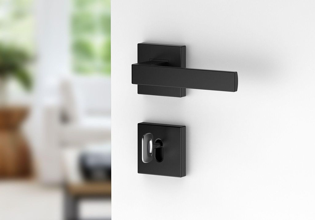 A black door handle and key plate are shown against a white background. The background is blurred and shows a hint of a room interior with furniture and a window.