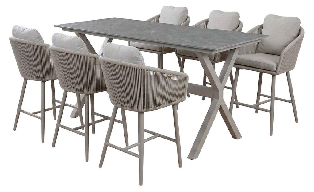 7-teiliges Garten-Barset | 6 Alezio Barstühle (Camel) | Bartisch Barletta 200x75 cm (Desert Pearl/Camel)