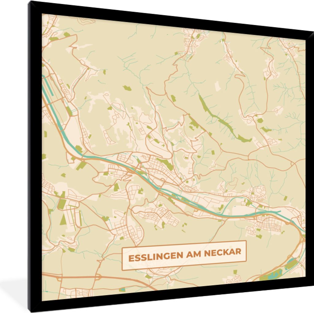 MuchoWow Gerahmtes Poster Esslingen am Neckar - Karte - Vintage - Stadtplan 40x40 cm - Poster mit Schwarzem Bilderrahmen Wandposter Rahmen Foto B...