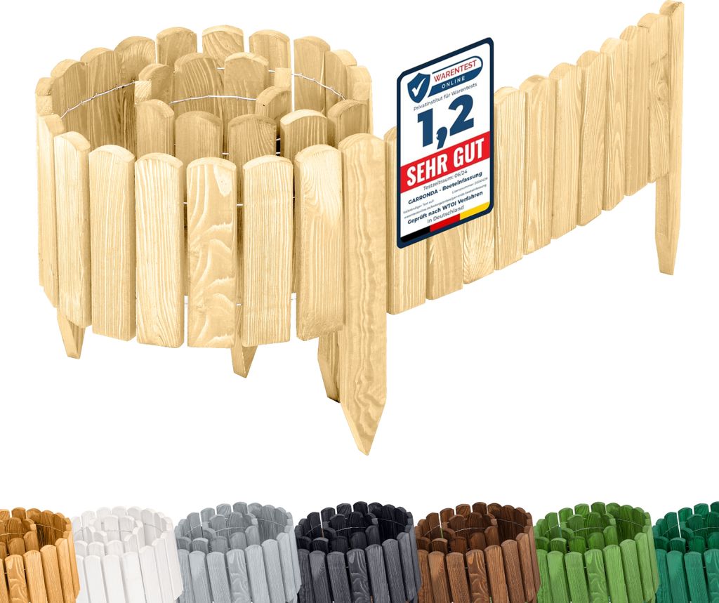 Garronda Rasenkante Holz Beeteimfassung 200 cm x 20 cm Flexibler Rollborder Zaun für Garten GD-0108 (Natural (nicht imprägniert), Höhe: 20 cm)