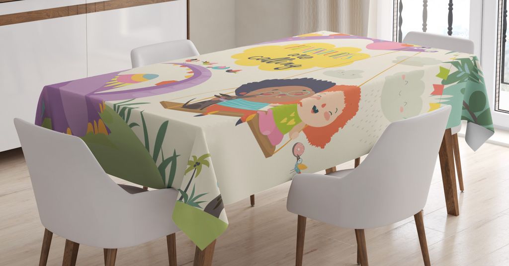ABAKUHAUS Kindergarten Tischdecke, GlÃ1/4ckliche Cartoon Kalligraphie, FÃ1/4r den Inn und Outdoor Bereich geeignet Waschbar Druck Klar Kein Verbl...