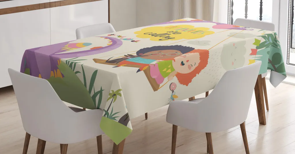 Tovaglia ABAKUHAUS per asilo nido, calligrafia cartoon allegra, adatta per interni ed esterni, lavabile, stampa chiara, non sbiadisce, 140 x 170 cm, multicolore