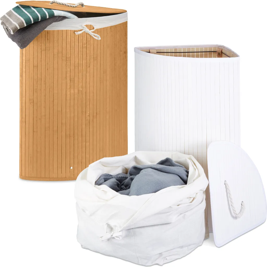Panier à linge en bambou pliable d'angle lot de 2 - Finition naturelle