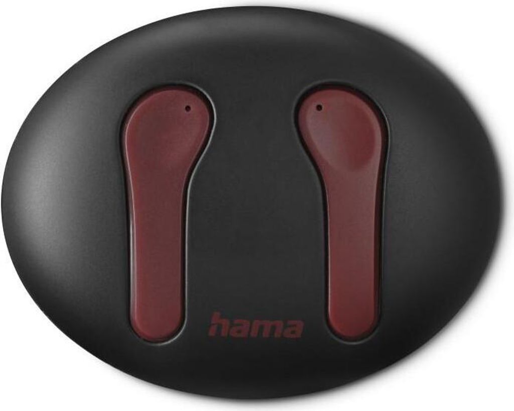 A pair of black and red wireless earbuds in their charging case.