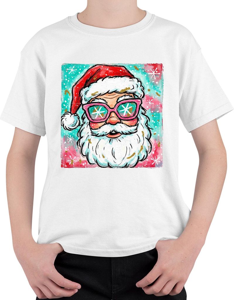 Weihnachtsmann Sonnenbrille Rosa Schneeflocken lustig Retro Uni Kinder T-Shirt, Weiß, 104