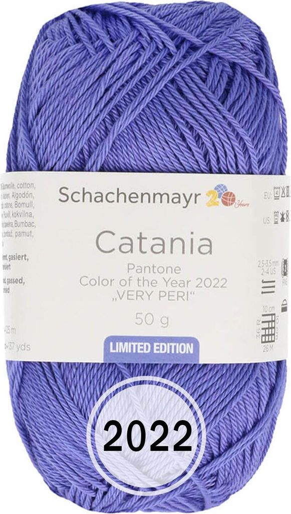 A ball of purple yarn with a label.