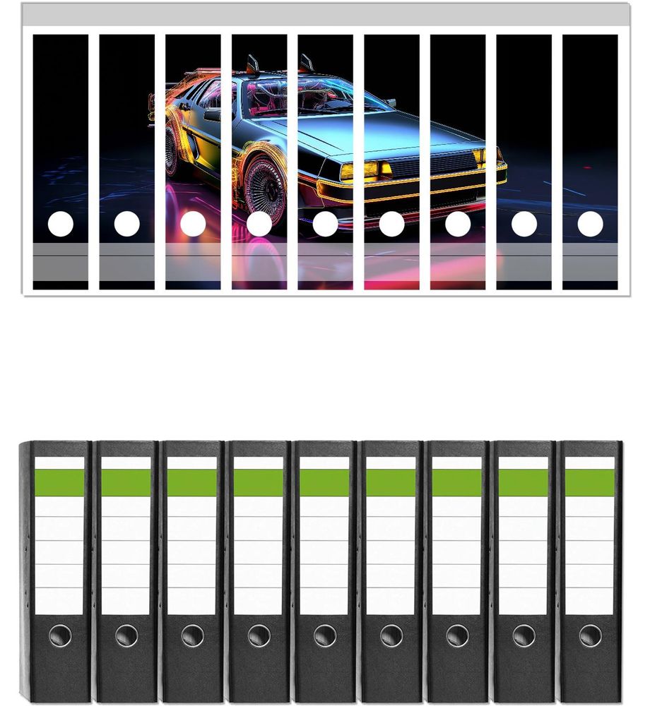 Wallario 9 Stück breite Ordner inkl. Klebeetiketten mit Motive Mobile Zeitmaschine - Set mit Rückenschildern / Ordnerrücken Stickern