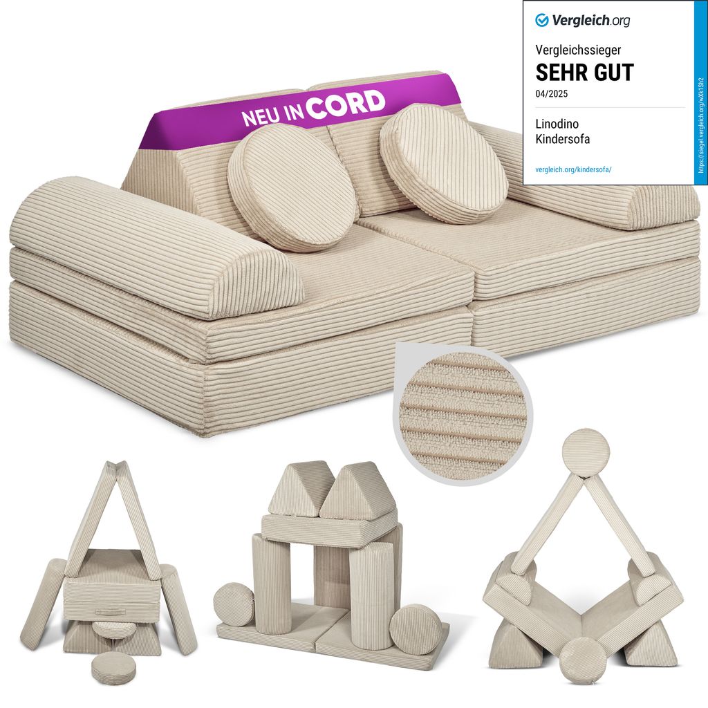 Linodino Spielsofa Cord - Kindersofa | Kinder Couch als Kuschelecke und Fantasiewelt | Kinder Sofa aus Schaumstoff Bausteinen I Elfenzauber Beige