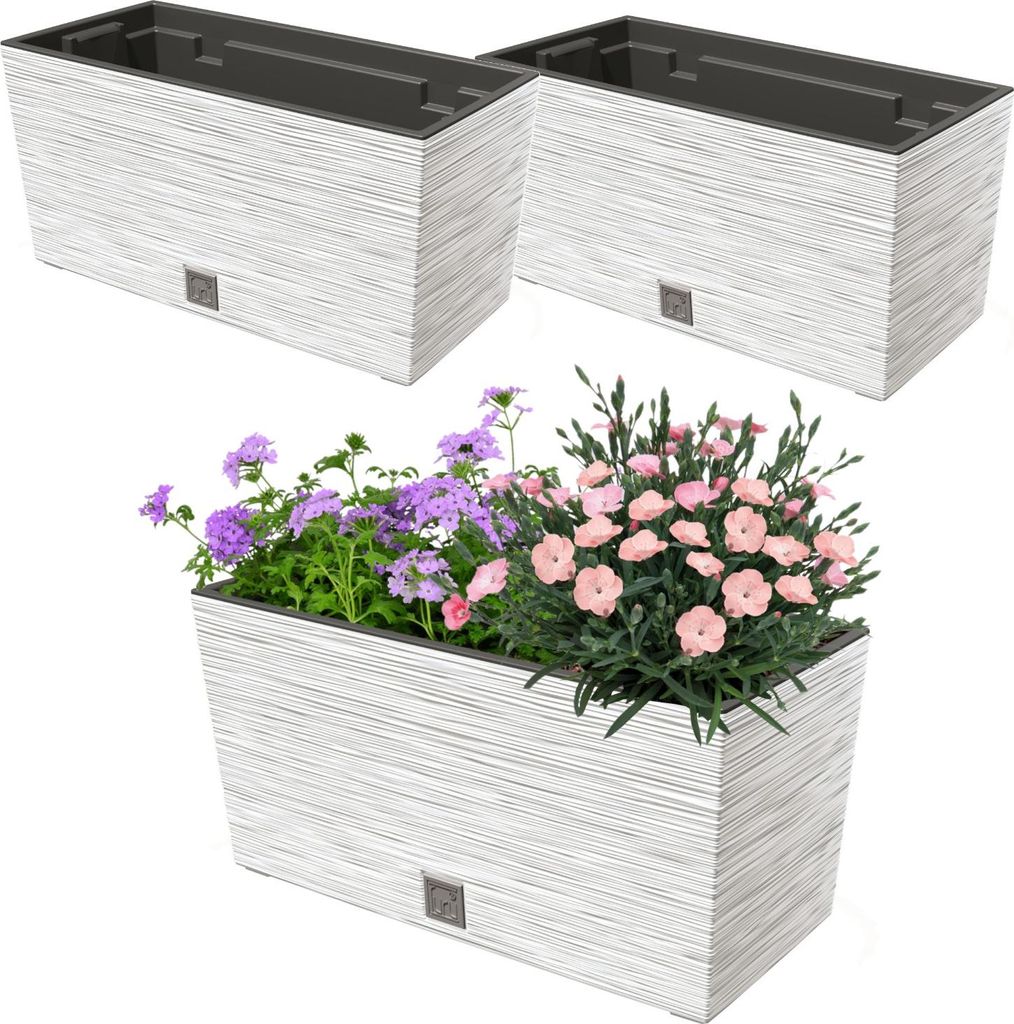 2 Stck. Blumenkasten Meißel Balkonkasten Pflanzkasten Weiß 12L 39,5 cm mit Topf Einsatz 8L Pflanzkübel Einzigartiger Blumentopf Kunststoff Selbs...