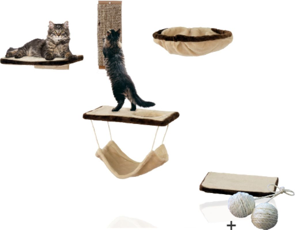 Rohrschneider Katzen-Kletterwand 6-teilig in Beige | Kletterlandschaft mit Kratzbrett, Katzen Höhlenbett & Wandelementen | Katzenwandmöbel mit Ka...