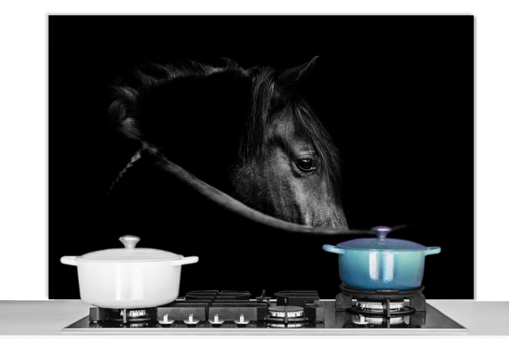 KitchenYeah Spritzschutz Küche - Küchenrückwand - Wandschutz für Herd und Spüle - Pferde - Porträt - Schwarz - Tiere 120x80 - Alu-Dibond (A...