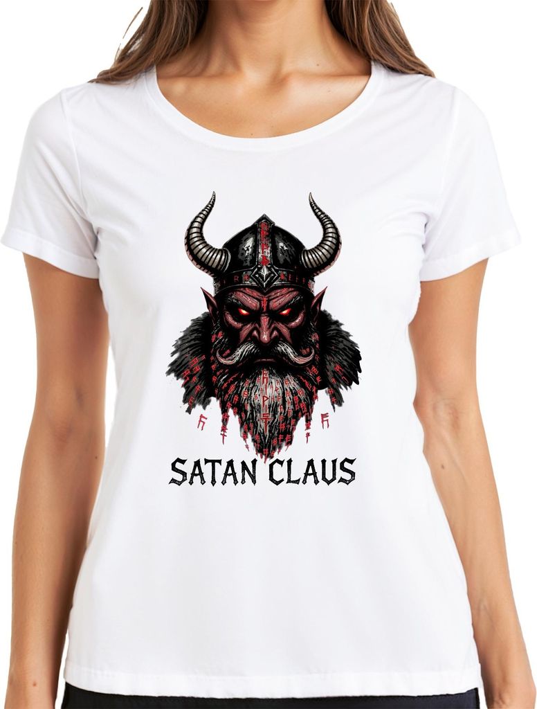 Satan Claus Teufel Wikinger Hörner Bart Runen Weihnachten Gothic Damen T-Shirt, Weiß, M