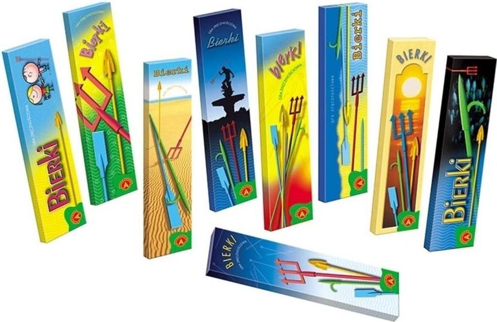 A collection of colorful boxes for a game called BIERKI.