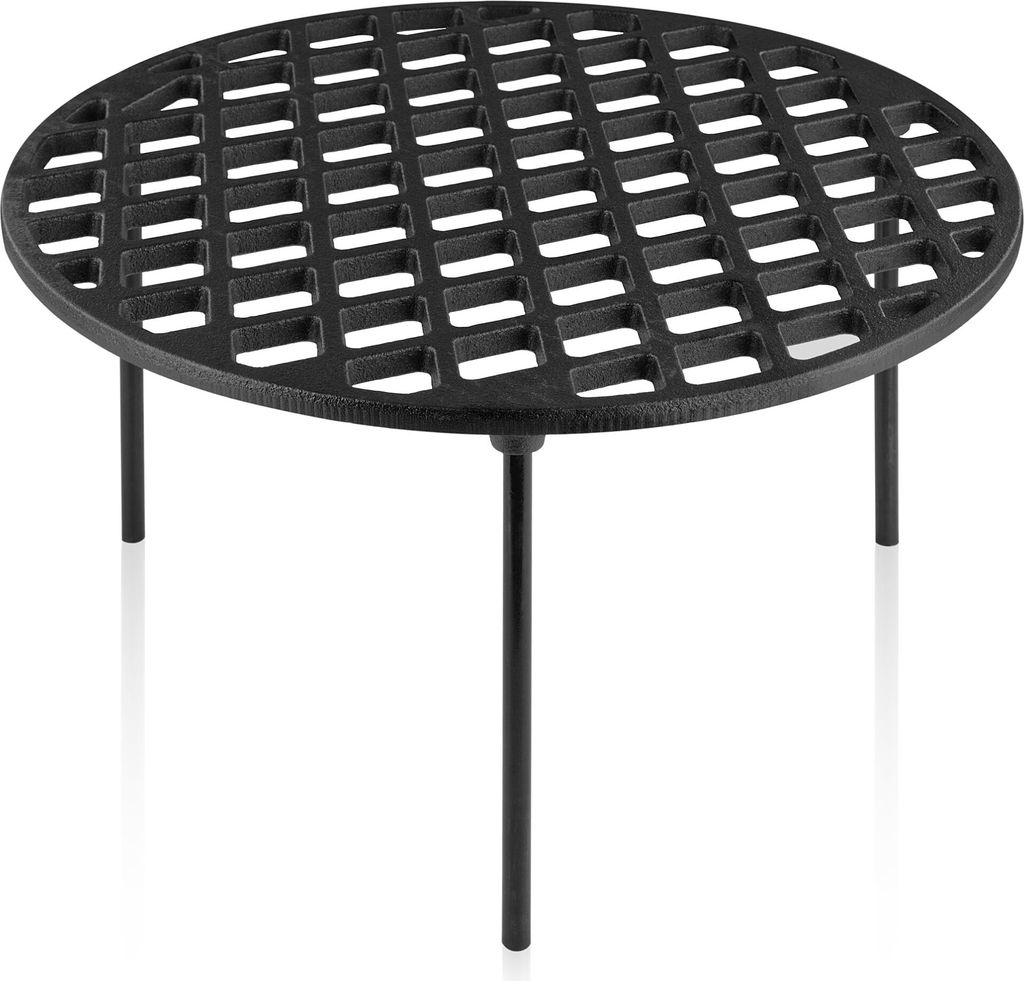 A black cast iron grill grate with three legs, shown from a slightly elevated angle against a white background.