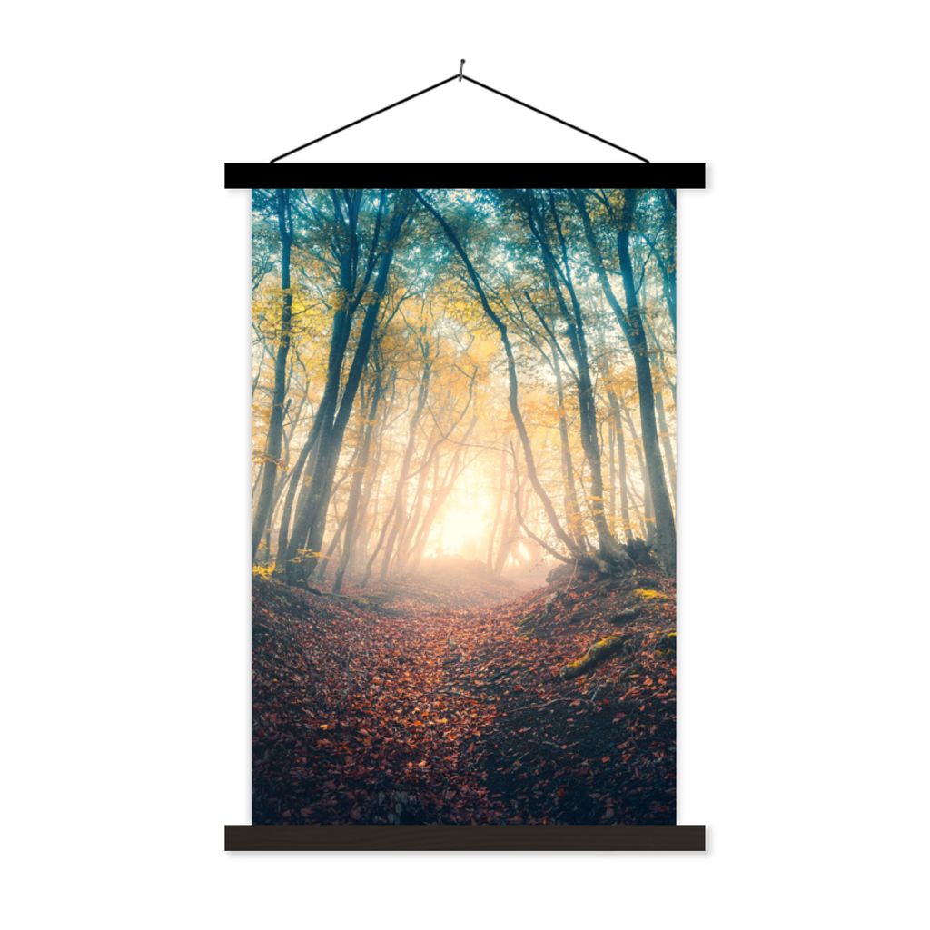 MuchoWow Textilposter Wald - Nebel - Sonne - Herbst 40x60 cm mit schwarzem Rahmen - Wanddekorationen
