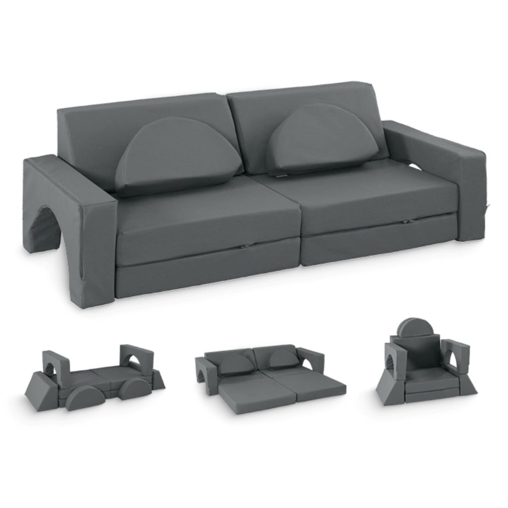 A modular sofa for children shown in its assembled form and in various disassembled configurations.