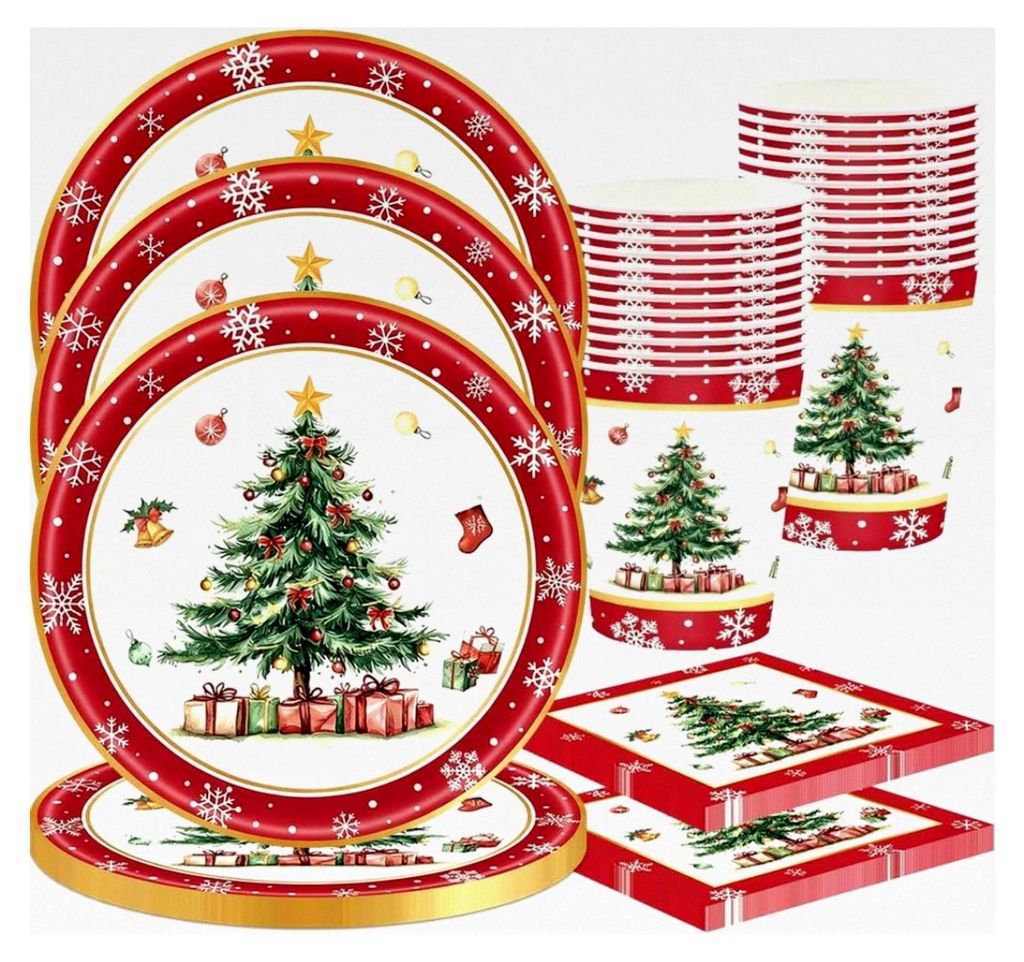 Weihnachts-Pappteller, 60 Stück Pappteller und Servietten für Weihnachtsbaum Partygeschirr Set, Tischdekoration für Weihnachtsfeiern