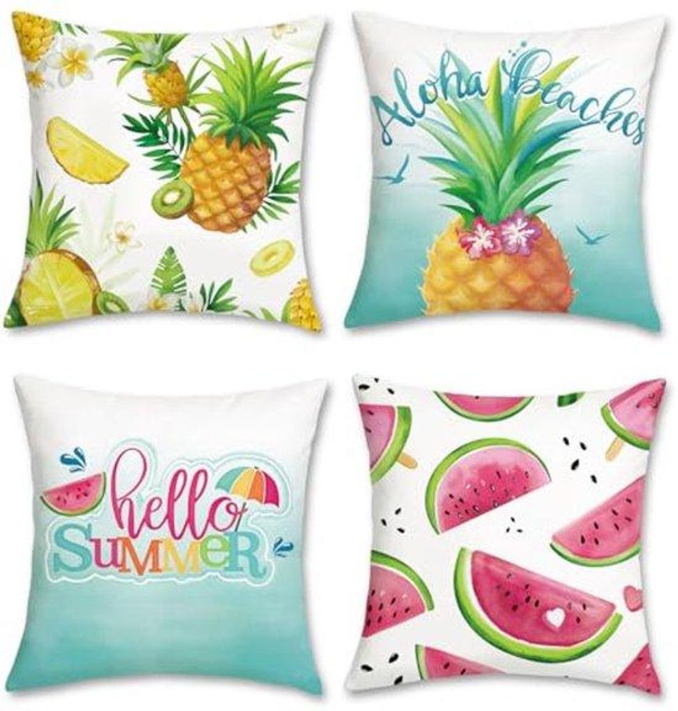 Ultiluxe Kissenhüllen - 4 Stück - Zierkissenbezüge - 45 x 45 cm - Samt - Wassermelone Ananas Print - Blau/Grün/Weiß/Rosa