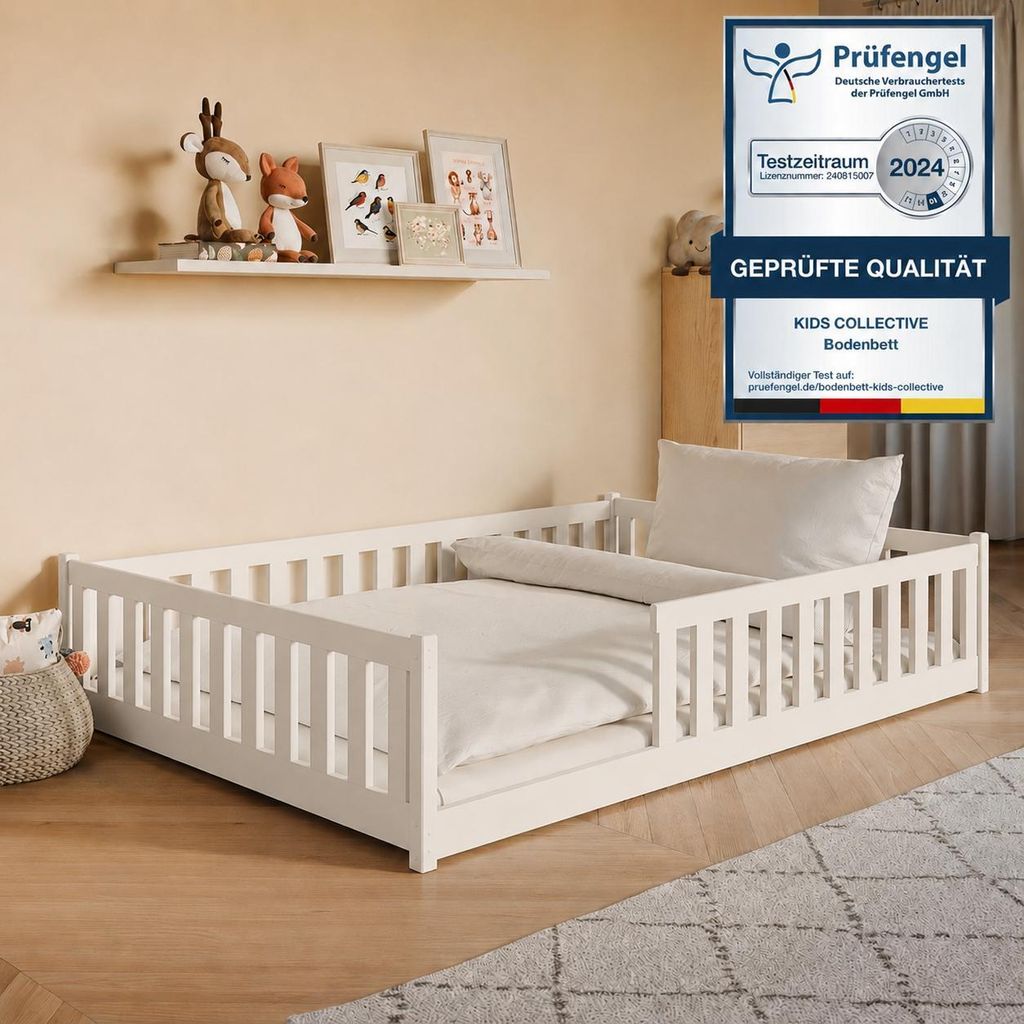 Kinderbett Bodenbett 140x200 cm mit Rausfallschutz, Matratze & Lattenrost Montessori Bett Bed Gitterbett Kinder Jugendbett Einzelbett | Baumwolle